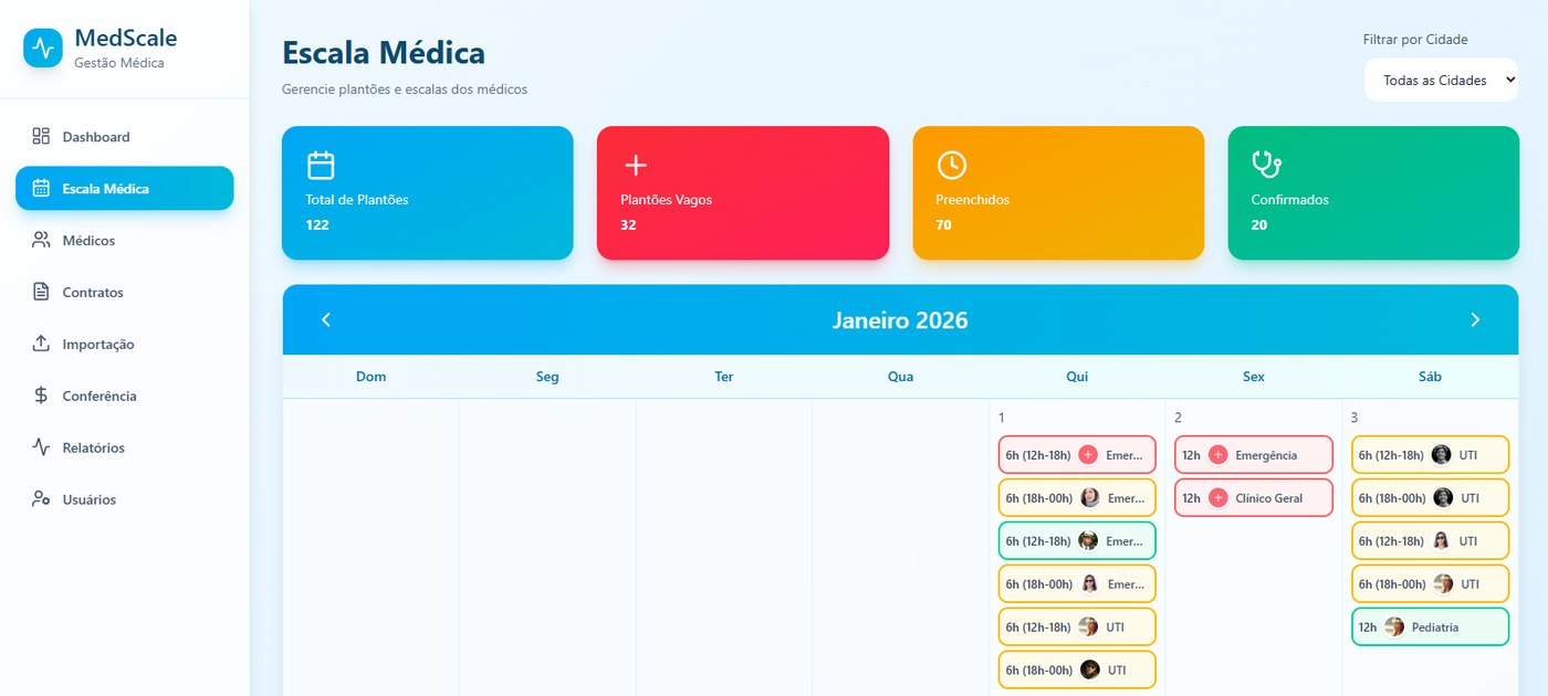 Tela de escala médica do MedScale com calendário mensal de plantões.